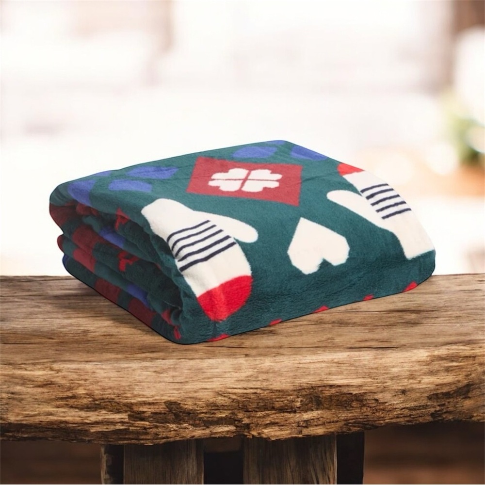 Cozy Blanket with Festive Mittens Design- New
